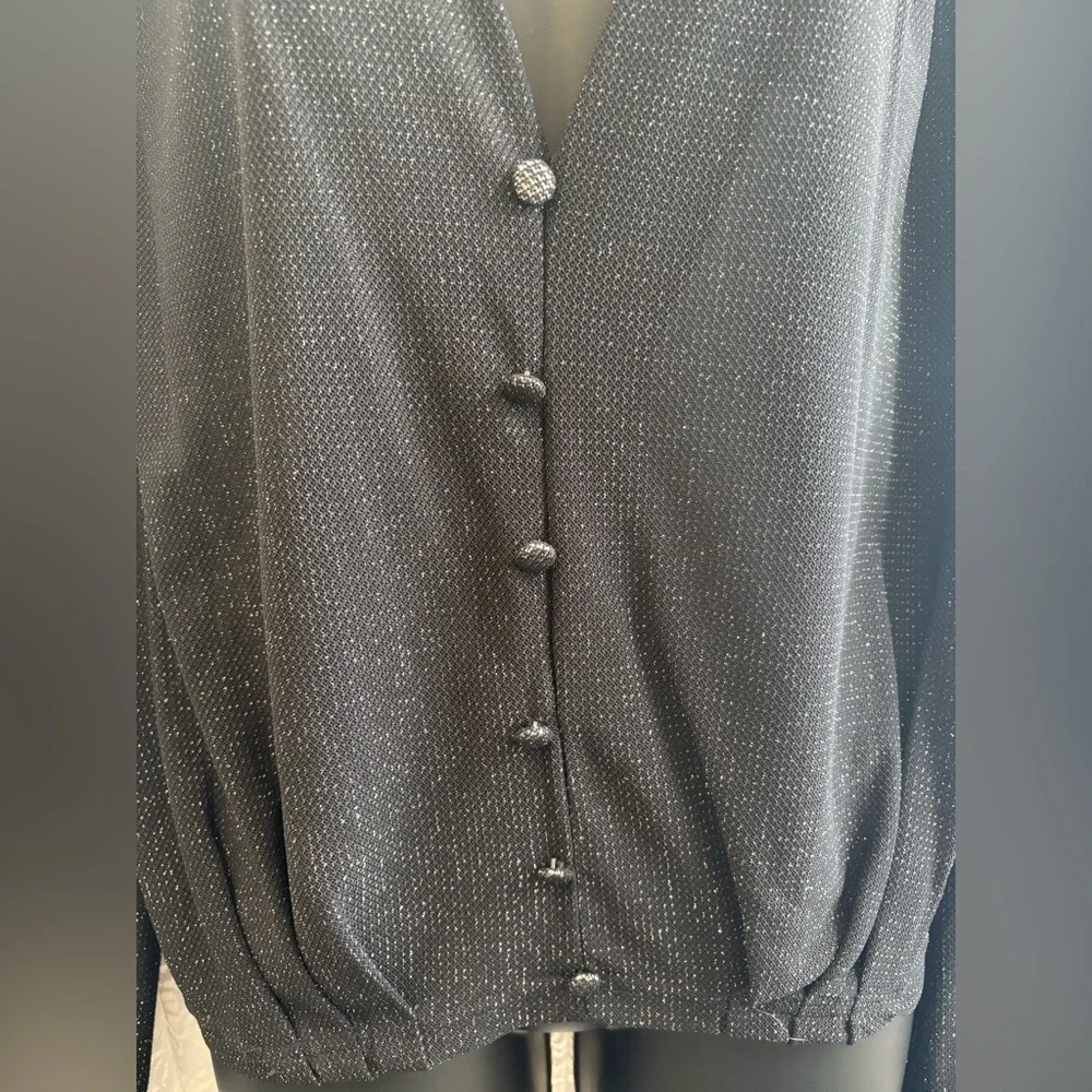 Black Sparkle V-Neck Button-Front Blouse - Picture 3 of 4